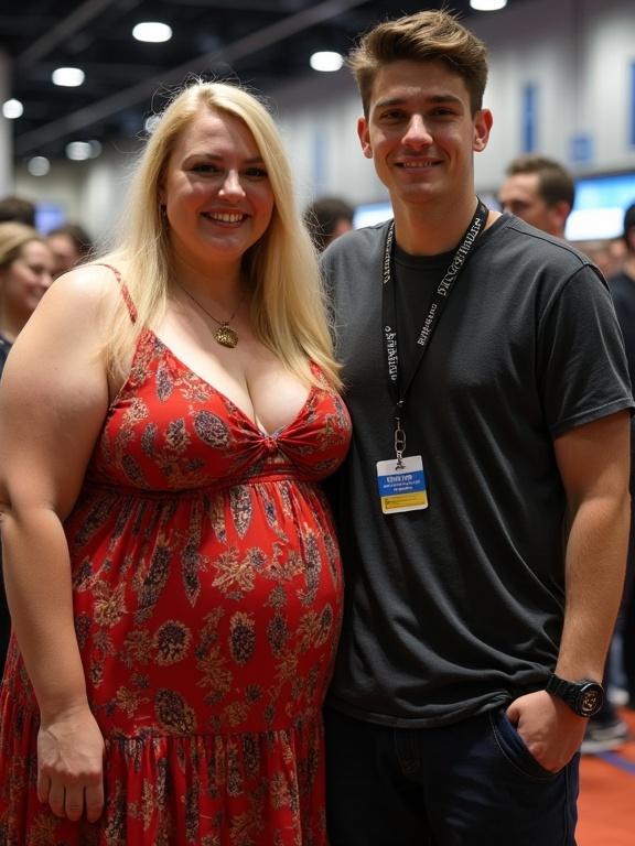 A plus size woman with blonde hair in a red dress stands next to a young man at a conference. They are smiling for the camera.
