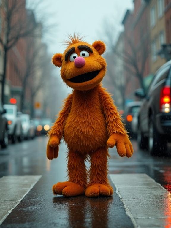 Character with orange fur standing in the street. Rainy day atmosphere. Confused expression seen while looking around. Long shot captures the street and city buildings.