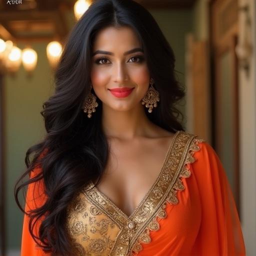 Gorgeous actress in a traditional orange outfit with golden embroidery. Long black hair and earrings. Bright smile.