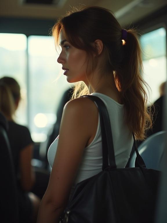 Blurry candid image of a woman standing in a bus. She carries a bag over her shoulder. Basic clothing is worn. Overexposed lighting comes from the window, affecting half her profile.