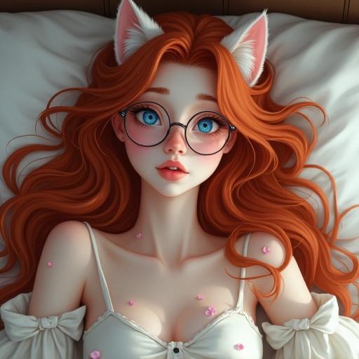 Beautiful girl with long wavy red hair laying in bed. She wears round glasses. Flower petals float in the air. She has a sexy vibe, featuring cat ears and tail. The girl has blue eyes and freckles.