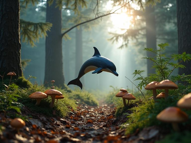 A dolphin glides through a pine forest where mushrooms grow on the dense leaf litter. Sunlight filters through the tree tops creating an atmospheric and misty scene.