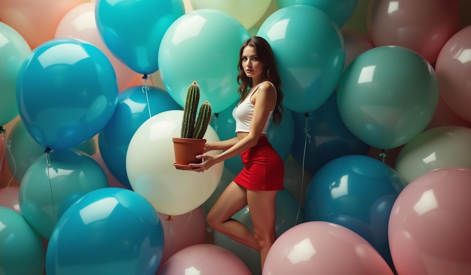 Brunette model wearing a red mini skirt standing in a room filled with oversized balloons. She is holding a small potted cactus. The balloons are colorful and translucent. The atmosphere is playful with vibrant colors.