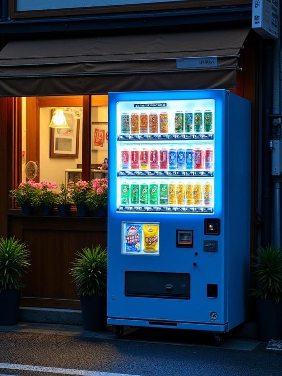 Photograph of a blue vending machine with colorful drink cans illuminated on three shelves. Located on a sidewalk outside a small shop with wooden awning and plants. Shop window lit warmly, shoeing interior. Wet street indicates recent rain. Nighttime urban scene with a focus on vending machine glow.