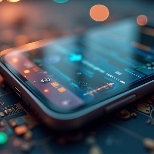 Wide angle close-up of smartphone screen. Screen shows vibrant graphics. Close-up captures detail in a tech environment. Soft bokeh lighting enhances the aesthetic. Focus on screen reflecting circuitry.
