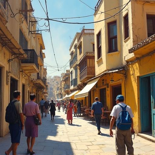 An artistic depiction of a vibrant street scene in Damascus showing people walking among old buildings. The streets are lively filled with activity. The architecture reflects traditional styles with colorful facades and outdoor cafés.
