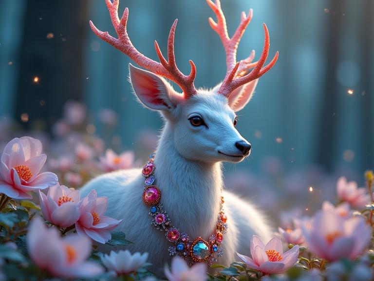 A serene deer in a forest glen wearing a colorful jeweled necklace. The deer is nestled among large pearl flowers. The atmosphere is magical with soft pastels and glittering details. Light reflections create a vibrant and lifelike scene.