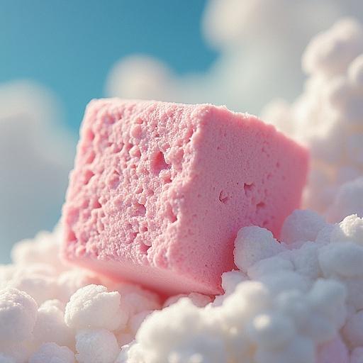 Close-up shot of a pink marshmallow on fluffy white cotton-like bedding. Soft lighting creates a dreamy atmosphere. The focus is on the marshmallow's texture.