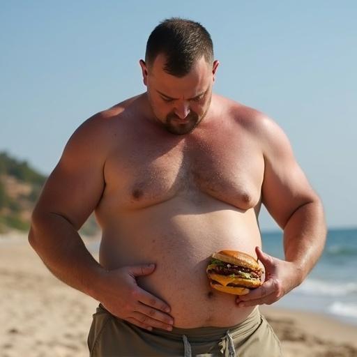 A man at the beach holds a cheeseburger to his stomach. The scene is set in natural sunlight. The man appears relaxed with an emphasis on humor.