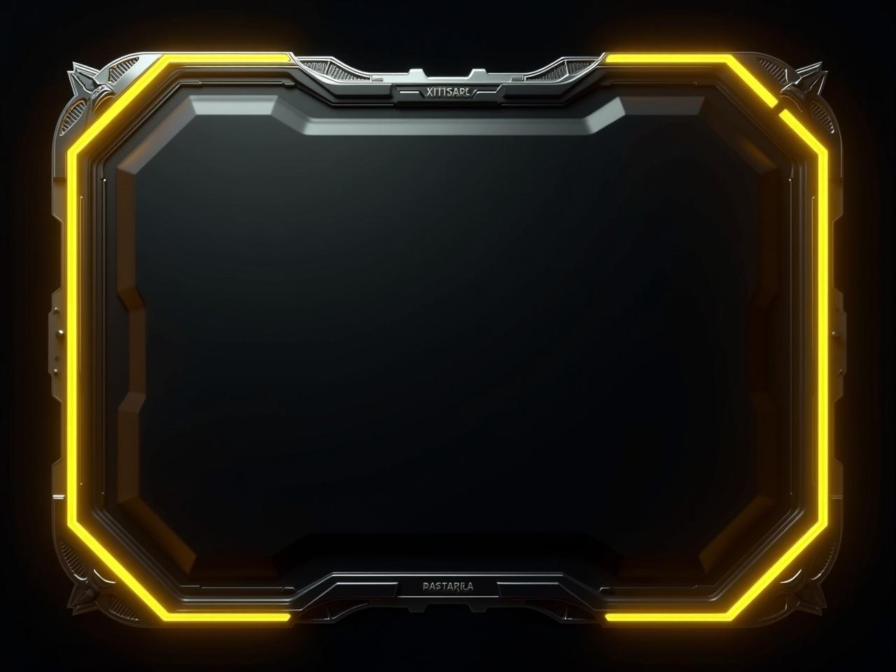 The image features a sleek, futuristic design. It has a black background with glowing yellow neon elements framing the edges. The structure appears to be metallic with a complex shape and intricate details. There are two light strips that highlight the contours of the panel, enhancing its modern aesthetic. The overall look exudes a high-tech vibe, suitable for use in a sci-fi context or as part of a user interface.