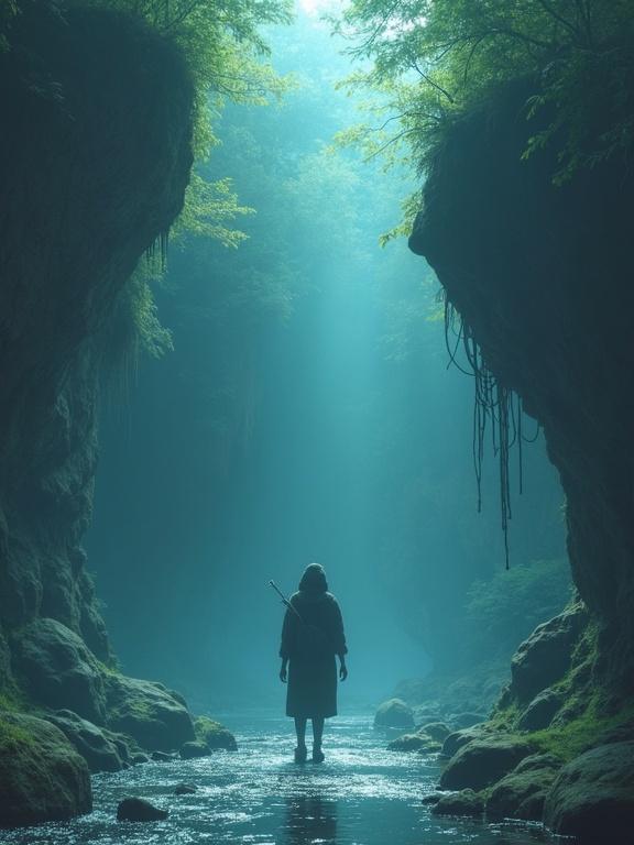A figure stands in a canyon with misty light filtering through trees. A stream flows gently. The figure appears adventurous, carrying a staff, amidst a serene yet mysterious environment.