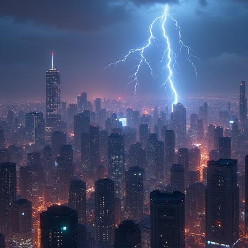 Epic cyberpunk cityscape features dramatic lightning striking the buildings. Surreal atmosphere with stormy clouds and city lights at night.