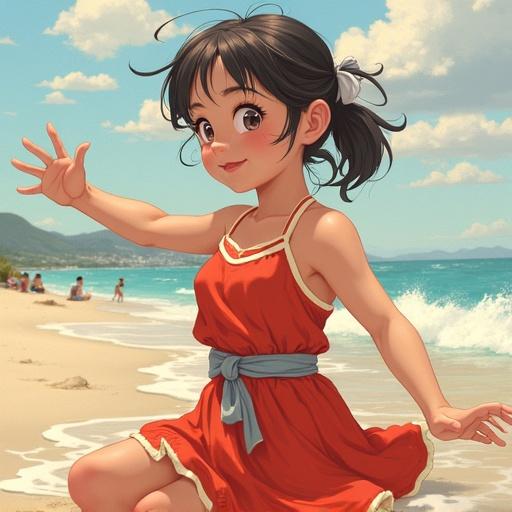 A young girl wearing a red dress poses playfully on a beach. The scene is sunny, with a clear blue ocean and gentle waves in the background.