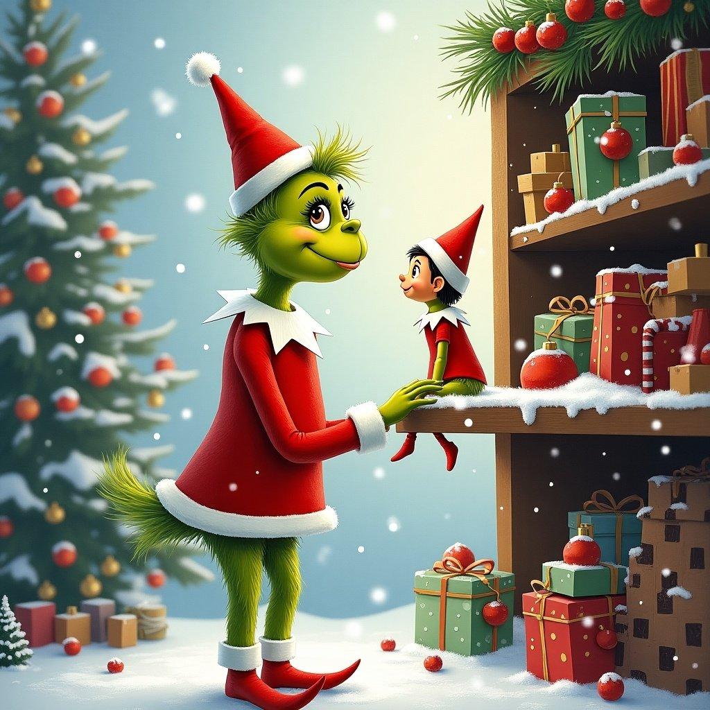 The Grinch is drawing the name Shannon with an elf on the shelf. The scene is set in winter with festive decorations.