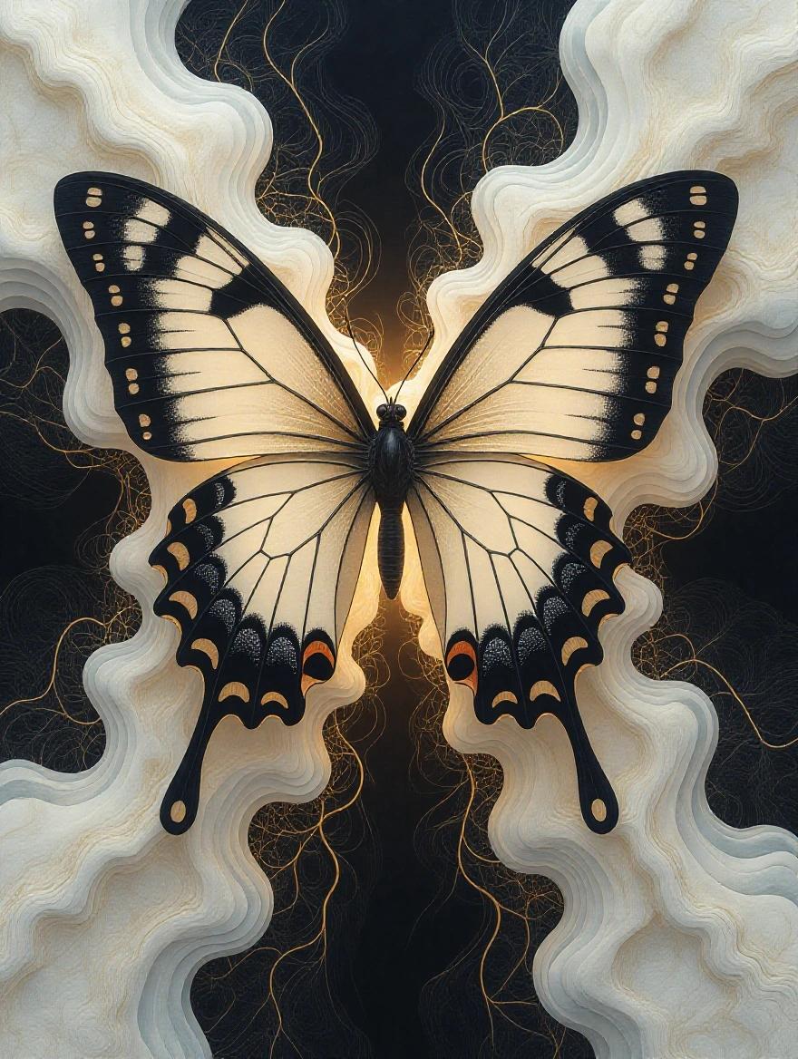 A hyper-detailed, biomechanical butterfly with porcelain-like wings. White at the center transitioning to black. Gold veins glow faintly. Thorax morphs into tendrils resembling roots. Background is swirling white and gray textures. Butterfly appears mystical and elegant.