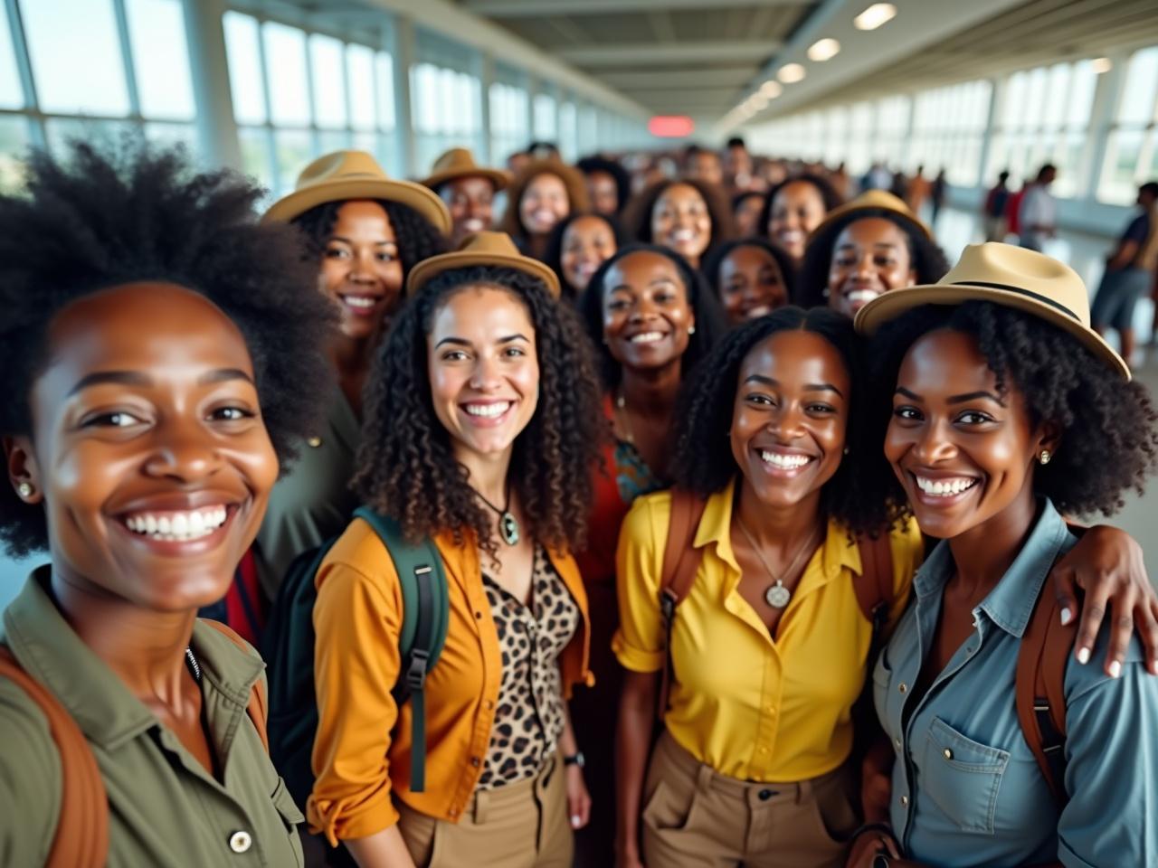 A large group of women stands in a bright and modern space, smiling joyfully at the camera. They are dressed in casual outdoor attire, creating a sense of adventure and camaraderie. The women have various hairstyles and skin tones, showcasing diversity and inclusion. The background is filled with natural light, giving off a warm and welcoming vibe. Their expressions reflect excitement and togetherness, embodying a spirit of friendship.