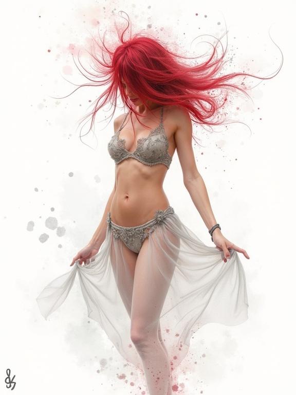 Playmate of the year awarded subject in artistic pose. Dynamic flowing red hair. Watercolor artwork featuring intricate details. Surrounded by white space creating a sense of wonder.