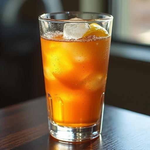 A close-up of a glass filled with iced tea. The drink is garnished with a slice of lemon and ice cubes. The glass is placed on a wooden surface. Bright sunlight is illuminating the scene.