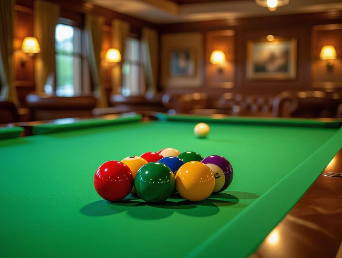 Close-up of glossy pool table with colorful billiard balls arranged neatly. Rich textured green felt surface with shallow depth of field. Soft reflections on polished wood edges. Blurred background of luxurious indoor game room with warm lighting and premium furniture.