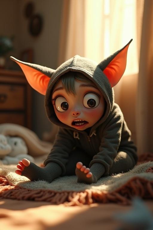 A 3D cartoon humanoid creature with large eyes and ears. Sitting in a messy bedroom. Wearing a long hoodie and socks. Face showing terror with trembling mouth. Exaggerated animation style with dramatic lighting. Shallow depth of field.