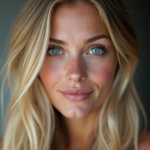 Portrait of a woman with long blonde hair and big blue eyes. She smiles at the viewer. She appears to be about 30 years old. Natural and soft lighting highlights her features.