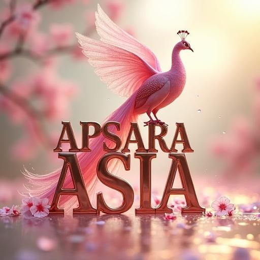 Hyperrealistic 3D digital artwork showcases 'APSARA ASIA' in rose gold lettering. Letters have upward tilt and reflect soft light. Delicate cherry blossoms and water droplets cascade over the letters. An intricately detailed pink peacock perches atop the 'I'. Background transitions from blush pink to sage green. The artwork is bathed in serene glow emphasizing luxurious quality.