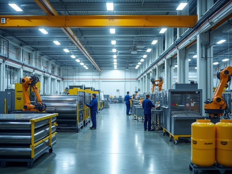 Horizontal high-resolution professional image of modern industrial factory interior showcasing workers and automated machines. Factory setting includes Viton O-rings packaging, stainless steel sheets in cutting process, woven aramid fiber sheets in laminating section, chemical barrels with safety equipment, and yellow polyamide pellets near molding machines. Bright realistic lighting highlights active production and organized workspace.