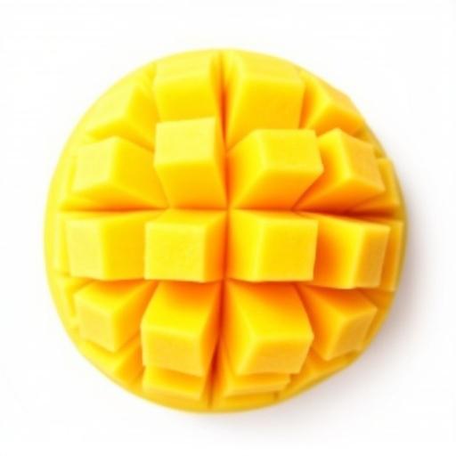 Cut mango slices isolated on white background. Top view of mango fruit; slices arranged in round shape.