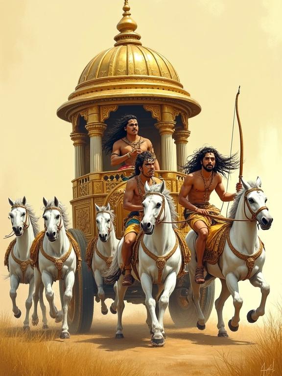 Mythological Indian painting showing a divine golden chariot with ornate design. Noble charioteer drives the chariot with five white horses. Karna stands in the back wearing golden armor and royal crown. He holds a bow with a stoic expression. Scene captures early morning battlefield light with minimal background focus on chariot and characters. Vintage Indian style is evident.