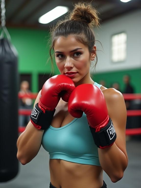 Photograph of woman boxing in gym. Hair in messy bun. Light blue sports bra highlights large breasts. Red boxing gloves with black wrist straps. Right arm raised with fist in front of face. Left arm slightly lowered. Background shows boxing ring with red ropes and black punching bag. Gym has green and white walls with windows for light. Blurred figures in background indicate presence of others. Woman's muscles visibly defined. Expression focused and determined. Bright lighting highlights face and upper body. Colors vibrant with contrast.