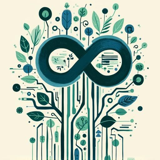 Abstract design featuring an infinity symbol. Elements include stylized circuit patterns and organic floral shapes. Use cool blues and greens. The composition reflects modern minimalist aesthetics. It highlights themes of innovation and growth. Influences from Bauhaus and Swiss design are present.