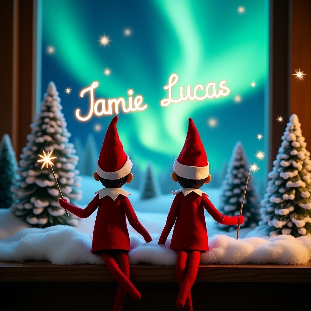 Enchanting Christmas scene with two elves on the shelf. Elves have backs to viewer. Dressed in red and white. Each holds a magic wand. One elf writes 'Jamie' while other writes 'Lucas' in glowing script. Vibrant northern lights in background. Surrounded by snow-covered trees. Reflects joy of holiday season.