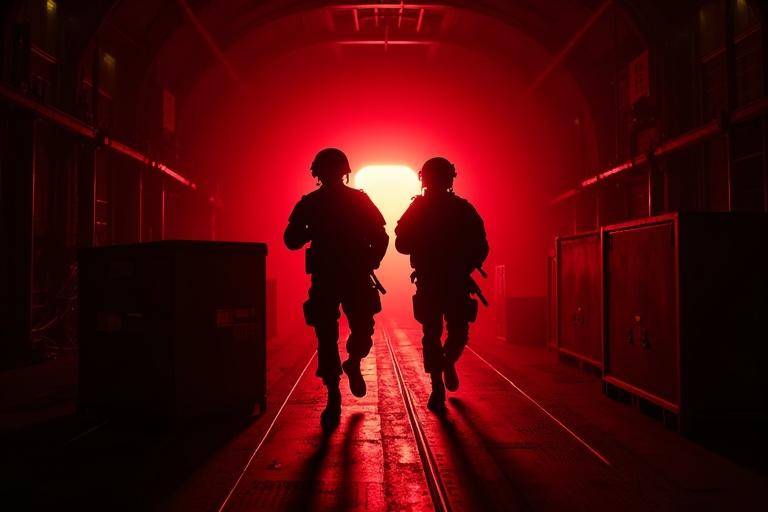 Inside dark military cargo plane two soldiers in black tactical uniforms patrol slowly. Matte-black rifles held close to chests. Ominous red emergency light casts shadows. Engine vibration hums in the air. Camera low angled from behind a crate capturing soldiers in motion against glowing red haze.