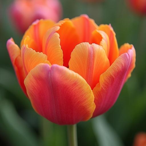 Close-up image of a vibrant tulip flower. Petals display gradient shades of pink, orange, and yellow. Flower stands out against a green background. Soft lighting highlights the petals' texture and color.
