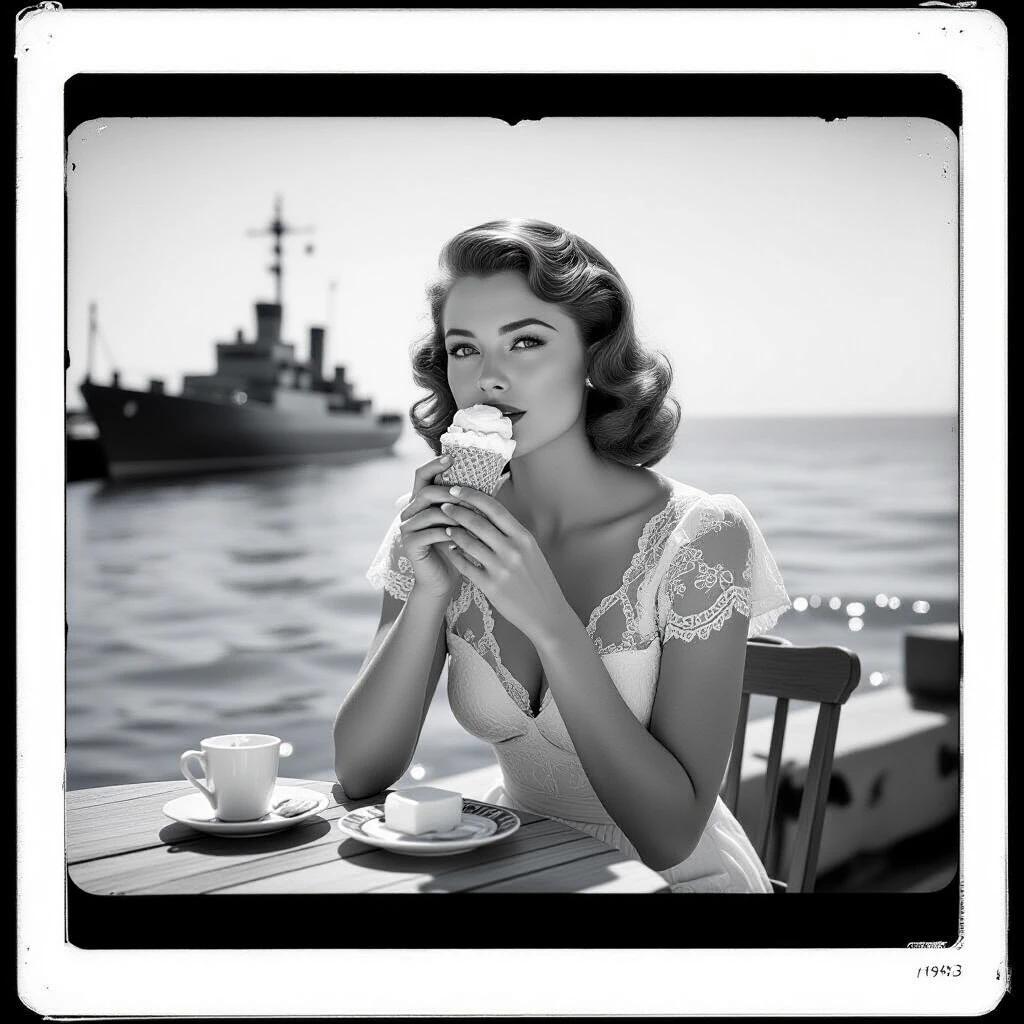 Photorealistic portrait from 1943 depicting a woman enjoying ice cream on the Black Sea coast. The woman wears a knee-length lace dress. The background features a U-boat docked at a pier. The scene is in black and white with a distinctive bokeh effect. Captured using a Leica IIIC camera with a 50mm lens. High contrast and sharp focus on hands and ice cream.