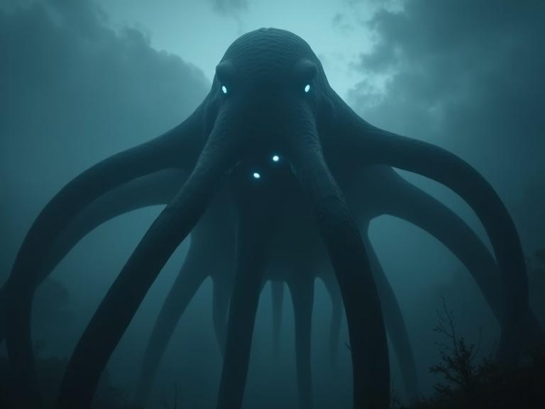 Cinematic view looking up at a giant tentacled creature in dark, foggy clouds above a town. Details include smooth black body, round pointed head, glowing blue eyes, and long tentacles.