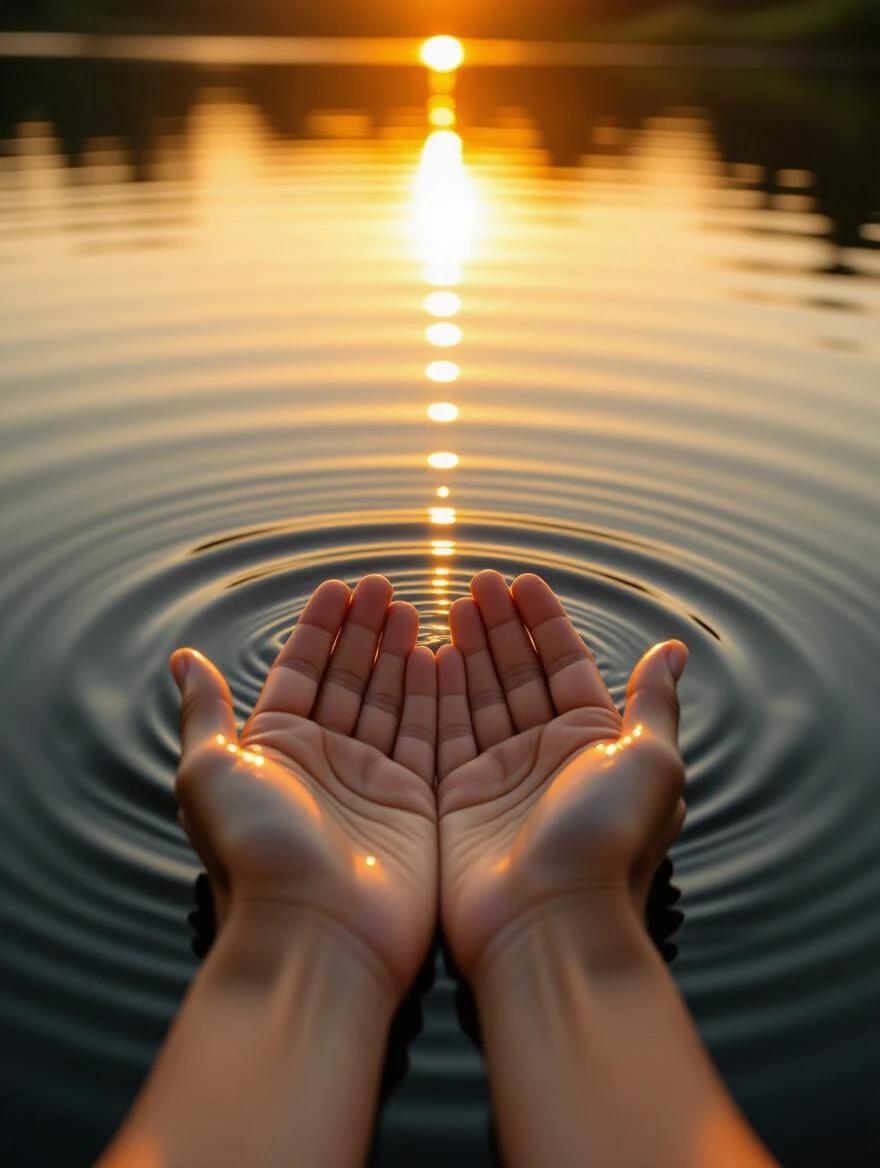 Photorealistic macro shot of cupped hands creating ripples in calm water. The image captures warm golden tones from sunset reflecting on the water's surface.