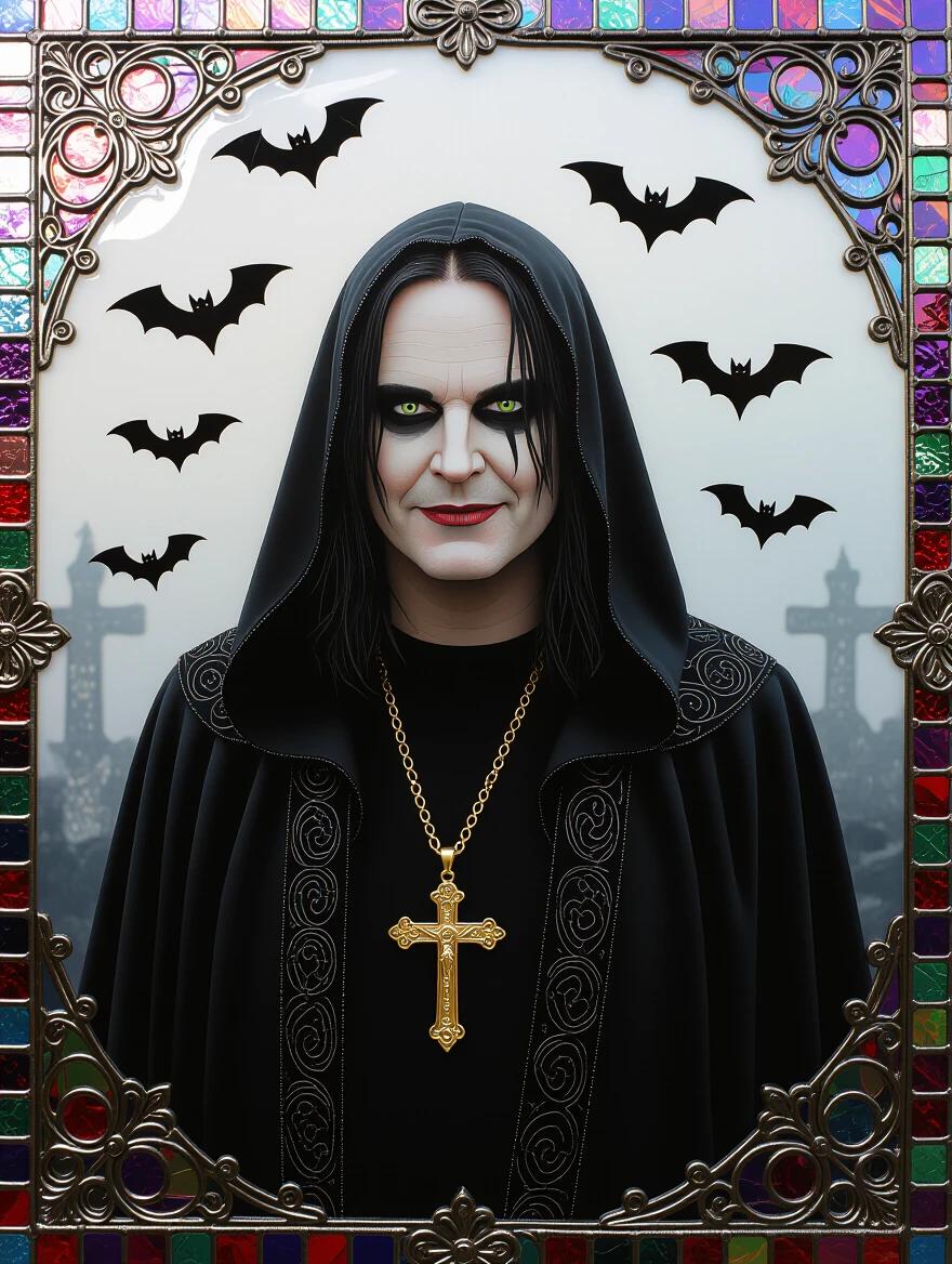 Gothic-themed portrait of a man with dark eyes and a twisted smile. Dressed in black robes with a gold cross necklace. Surrounded by bats in a foggy graveyard. Mixed media with mosaic and encaustic elements.