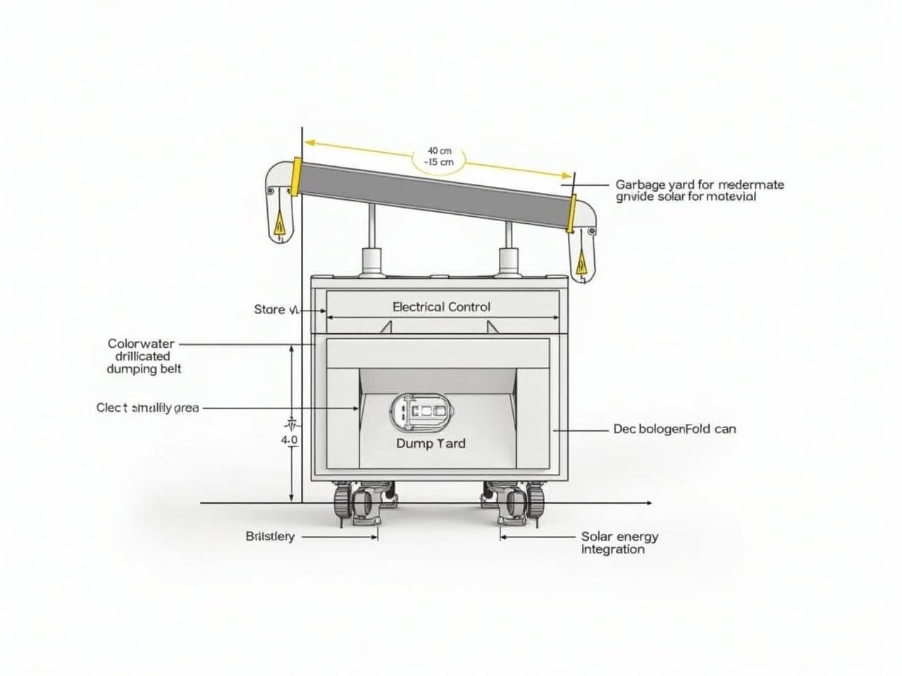 The diagram illustrates a waste collection system designed for an automated facility. At the top, there is a conveyor belt that measures 40 cm wide, which facilitates the movement of material. Below the conveyor belt, there is a designated dumping yard with dimensions of 40-45 cm to accommodate waste. The garbage area is sectioned off for organized waste disposal. The system is supported by a base featuring tyres for mobility, featuring a battery and electrical control components in the center for operation. Additionally, there is solar energy integration shown at the bottom, emphasizing sustainability in energy usage.