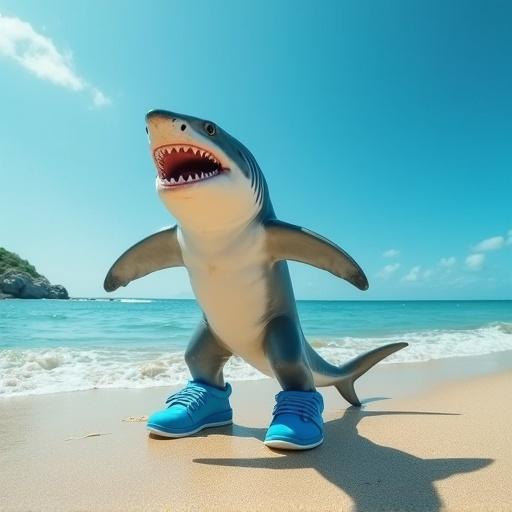 A shark is standing on a beach wearing blue shoes. The scene features a tropical setting with clear skies and a sandy shore.
