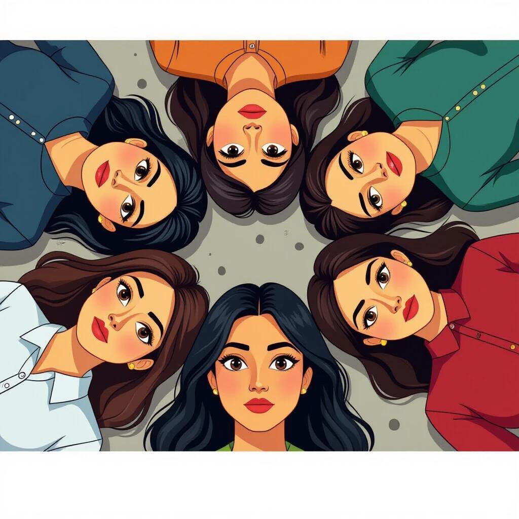 Generate images of Scottish-Pakistani Muslim female teachers laying on the ground. They all have almond-shaped large dark brown eyes, black hair in varying styles, dark skin, and thick eyebrows. Their expressions are serious with wide open eyes and closed mouths. All are dressed in modern Western attire.
