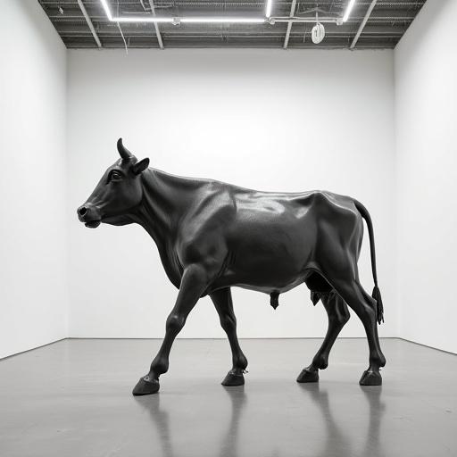 A walking cow statue resembling Giacometti style in a white museum environment. Soft diffused lighting illuminates the scene.