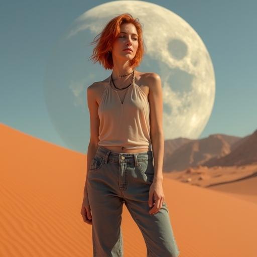 A slender woman with red hair in a sheer tunic and gray pants standing on a red sand dune. The background features a large moon with rings and a desert landscape. The scene captures elegance and strength.