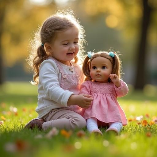 Little girl playing with her doll in a park. Autumn setting with colorful leaves. Happy expression on girl's face. Doll is dressed in pink. Soft sunlight creates a warm atmosphere.