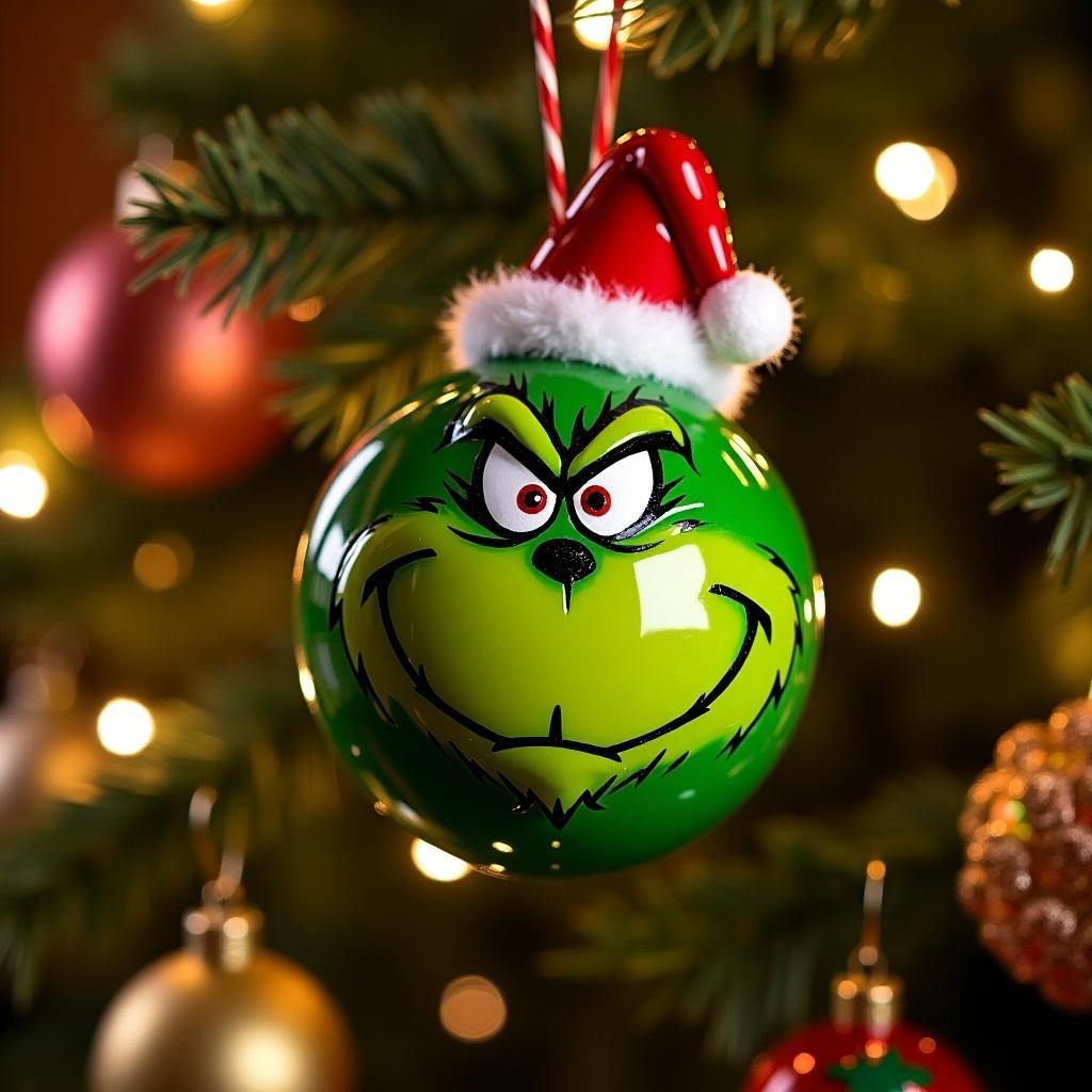 A Christmas ornament featuring a Grinch design. The ornament is green with an exaggerated face and wears a red hat. The background is decorated with Christmas lights and ornaments.