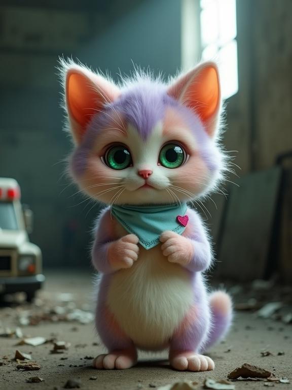 A fluffy anthropomorphic kitten with pastel pink and lavender fur poses in an abandoned building. The kitten has a creamy white belly and large green eyes. It wears a light blue bandana with a pink heart. The setting has crumbled walls and an overturned ambulance. Soft lighting beams through windows, creating a calm atmosphere despite the apocalyptic backdrop.