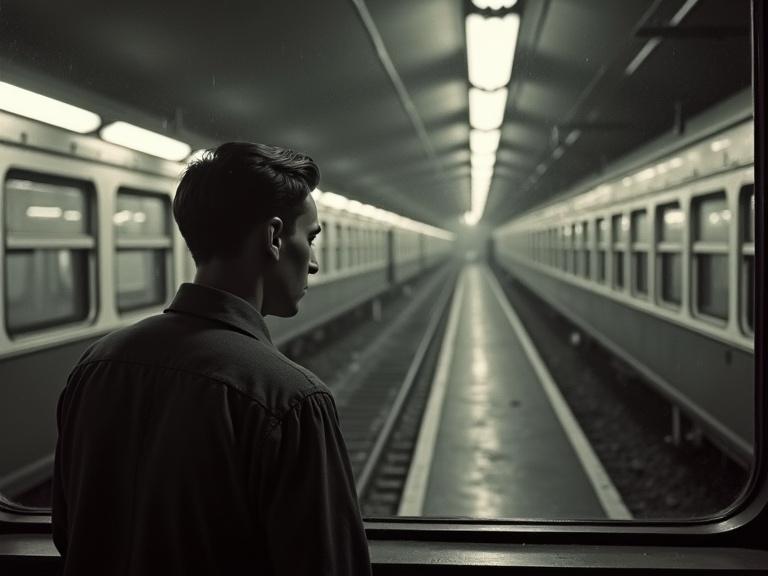 A young Russian man looks through a train carriage window at the opposing platform.