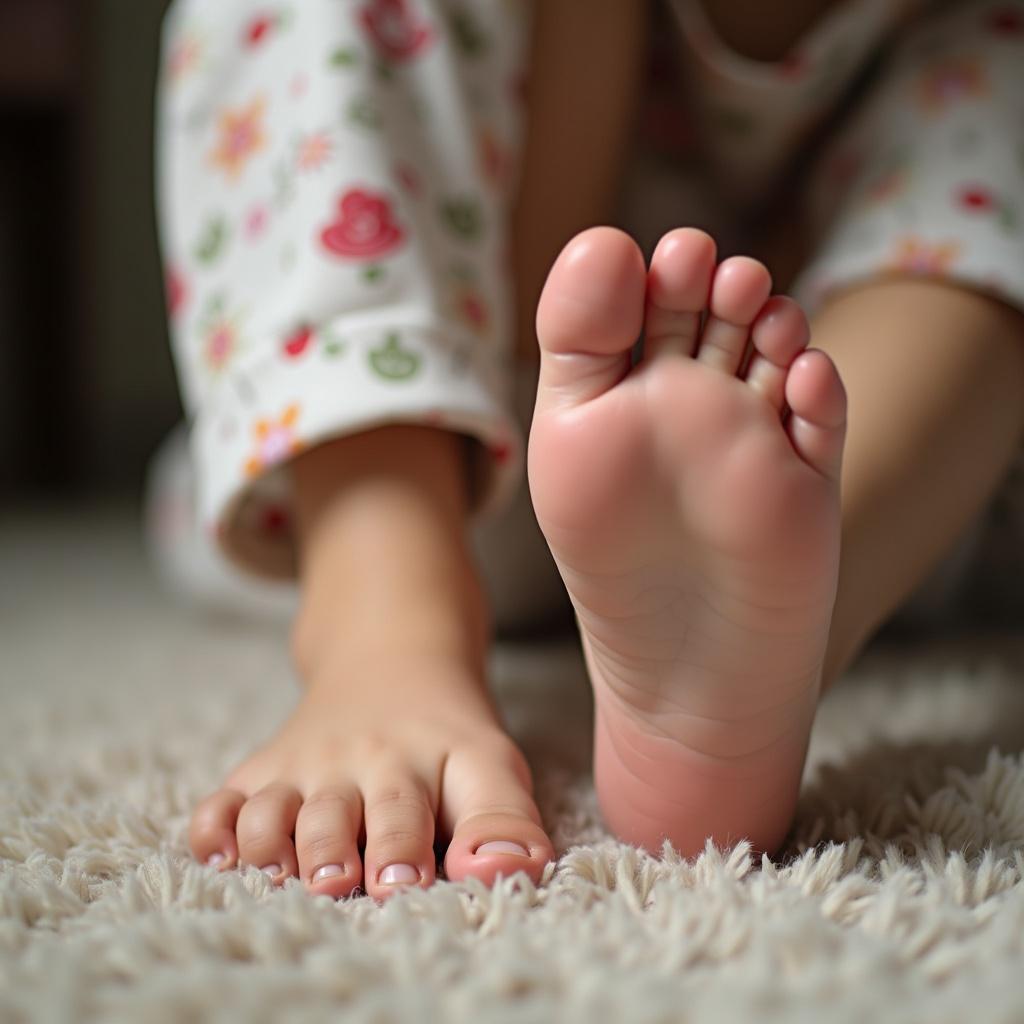 This image portrays the feet of a very young girl, with a focus on a bunion visible on one foot. The girl is sitting on a light-colored, plush carpet, with soft, natural lighting illuminating her feet. The feet are adorned with light nail polish, and she is wearing floral-patterned pajamas. The close-up perspective highlights the details of her feet, emphasizing their delicate features. The composition aims to evoke a sense of innocence and care related to children's foot health.