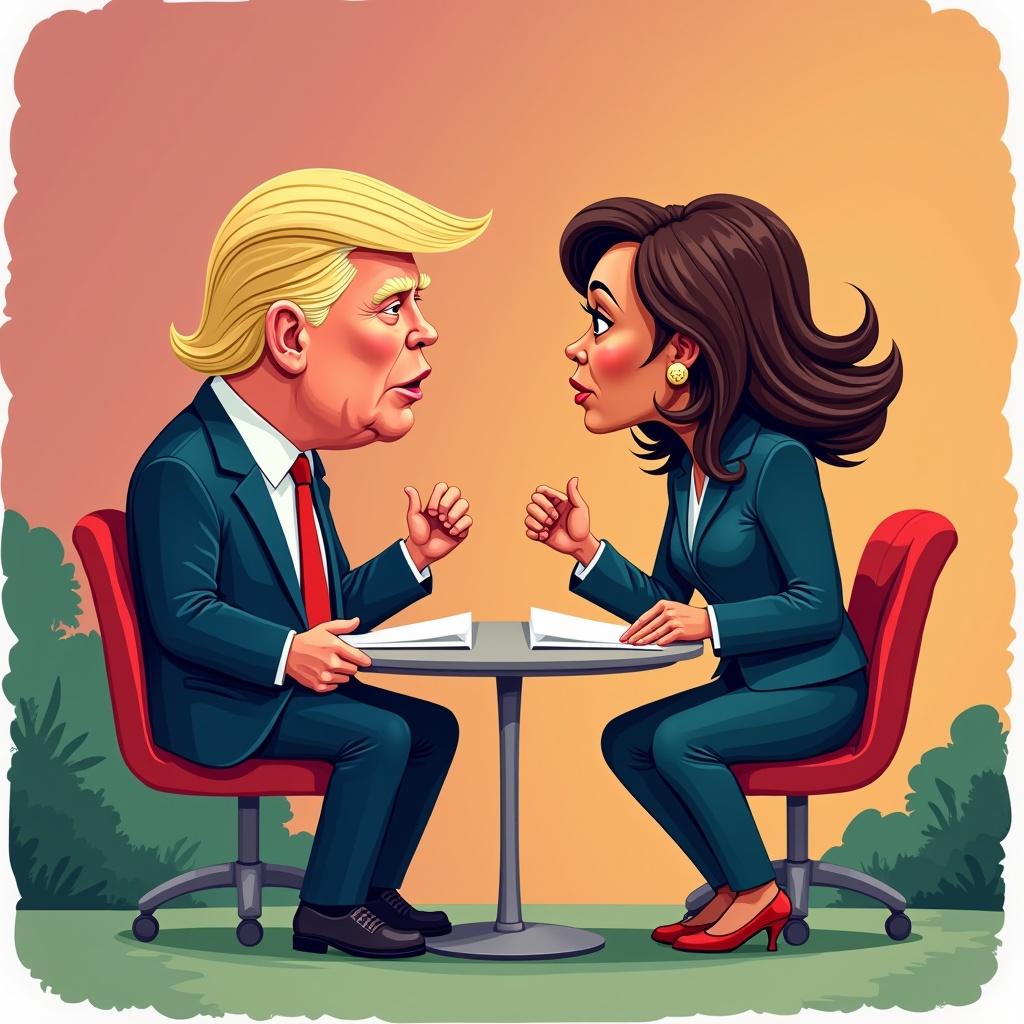 This image depicts a colorful cartoon illustration featuring two prominent political figures engaged in a debate. They are seated across from each other at a round table. The setting conveys a sense of urgency and focus on the topic of immigration. The characters have exaggerated facial expressions, showcasing passion and determination. The backdrop is a gradient of warm colors, adding a dynamic feel to the image.