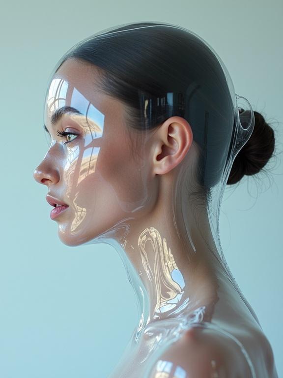 Smooth transparent texture on the neck and shoulders of a woman. The body appears encased in a plastic-like material. Clean aesthetics with soft shadows and highlights.